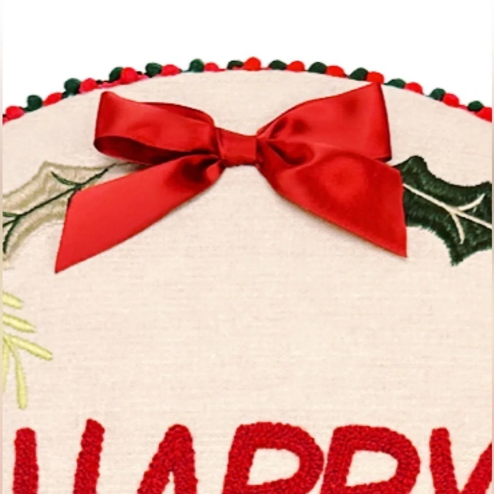 Round Happy Holiday Throw Pillow Linen St Nicholas Square® Red Bells Red Bow NWT